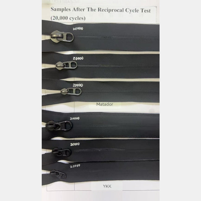 Factory testing image of Matador vs YKK zippers after 20,000 cycles