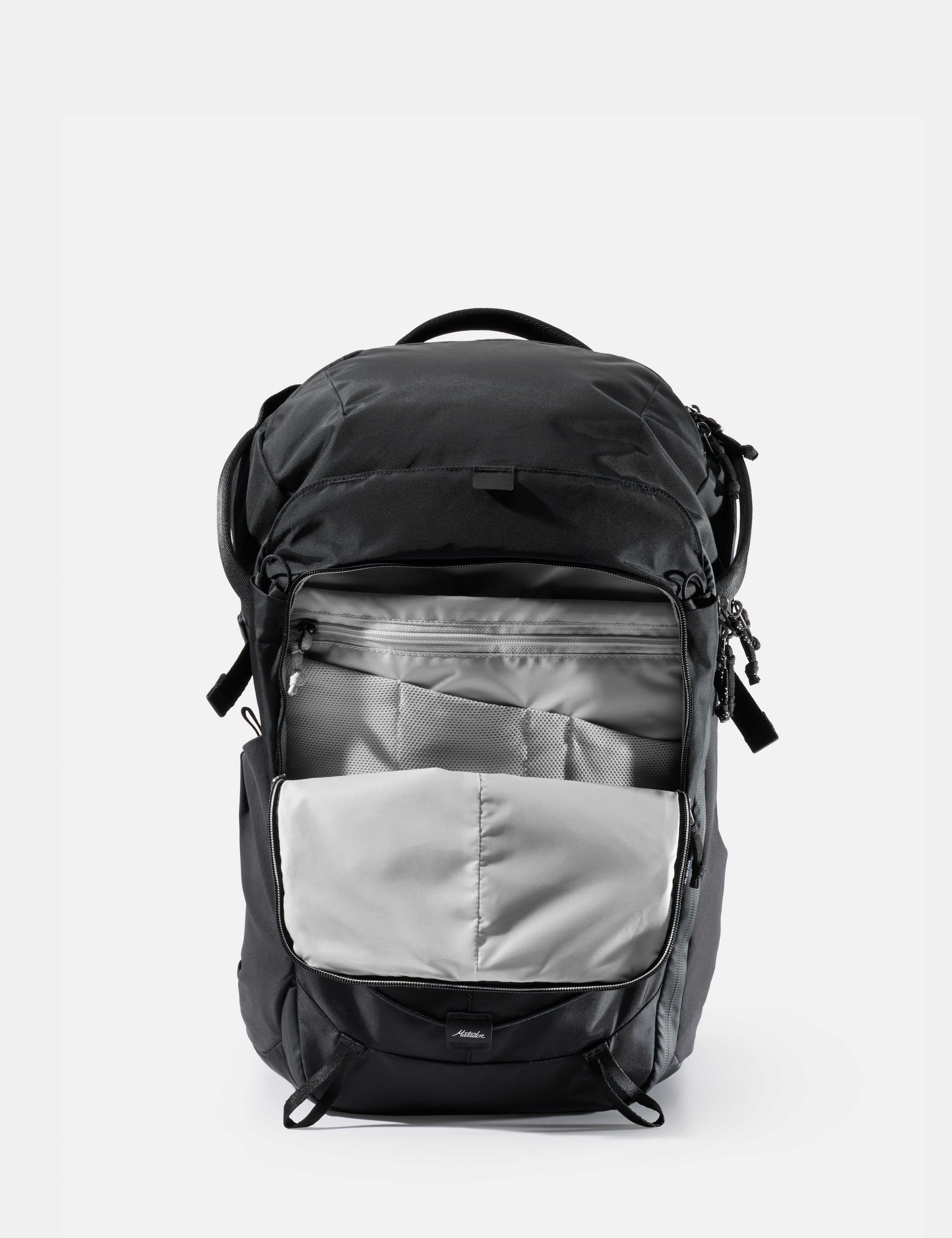 Black backpack with a gray compartment on a white background
