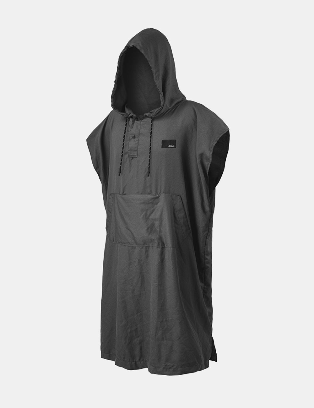 Dark gray sleeveless hooded poncho on a white background