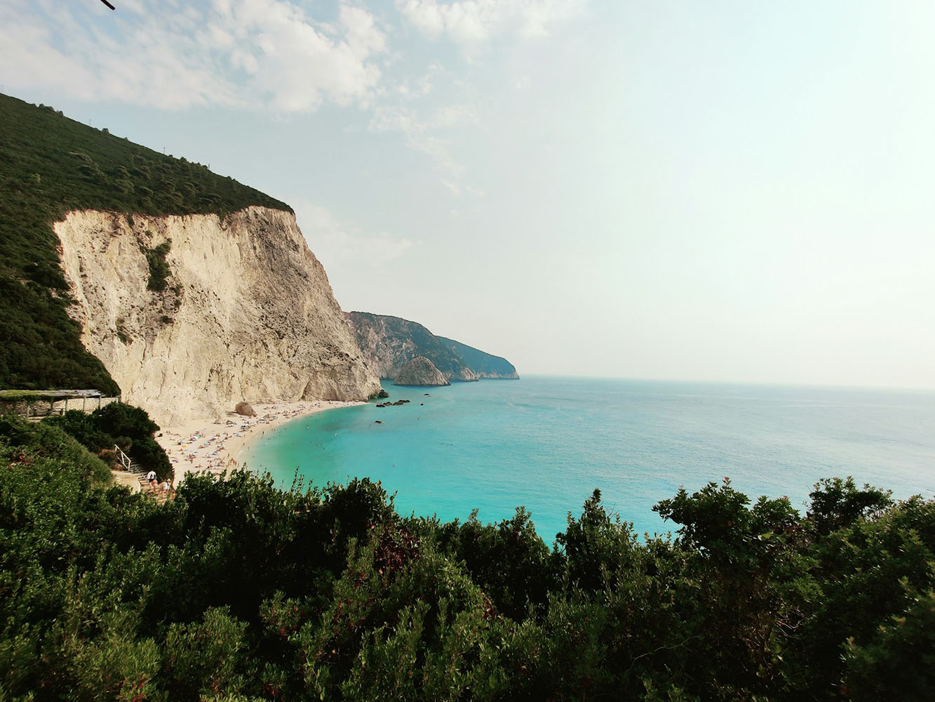 Coastal landscape with a cliff and turquoise sea in Lefkada, Greece