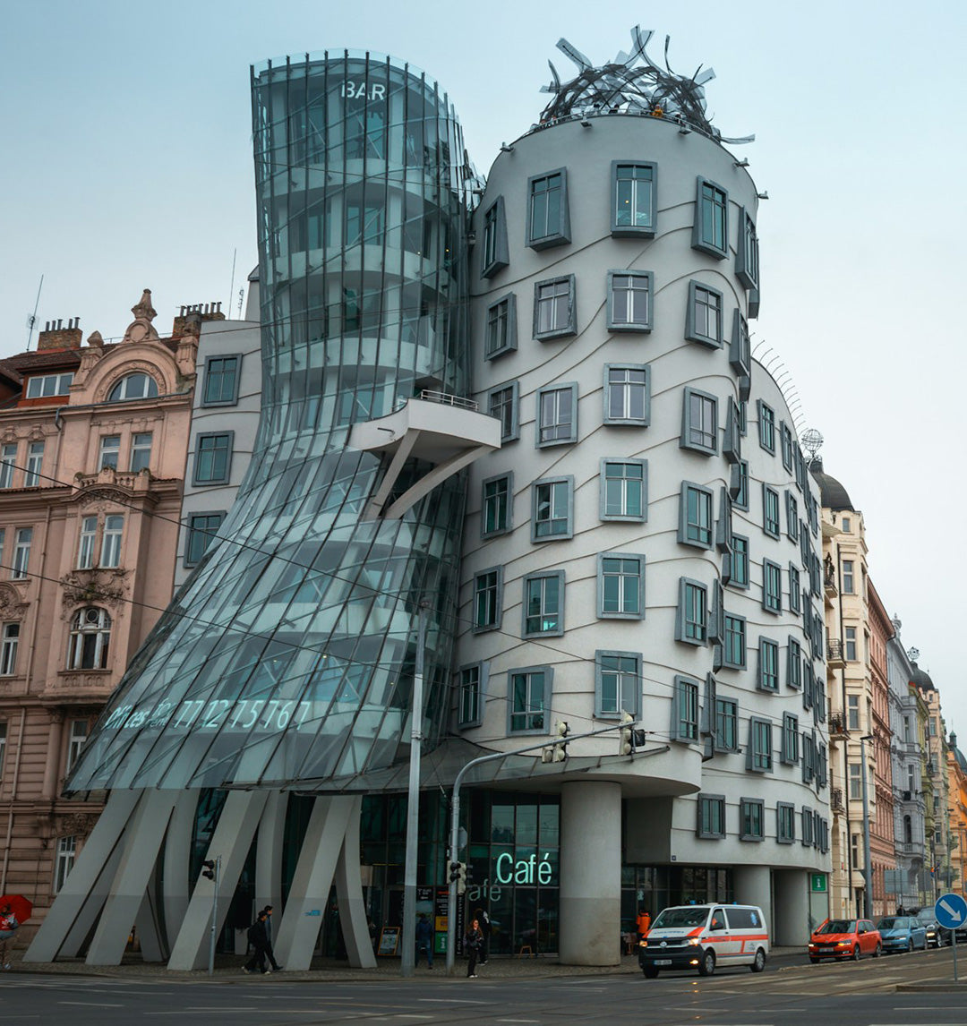 Modern building with unique architecture in a city street